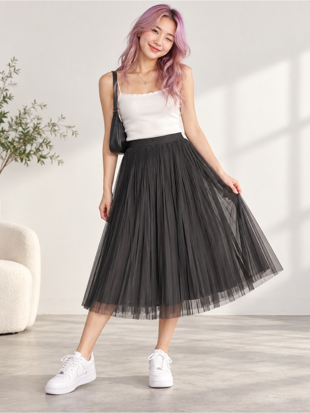 Banana Republic Petite Pleated Tulle Midi Skirt Black 8P NWT